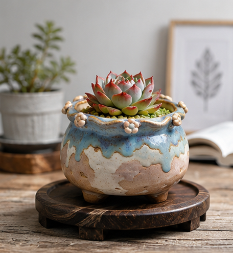 ๐ธ Rustic Drip Glaze Flower-Embellished Ceramic Succulent Pot