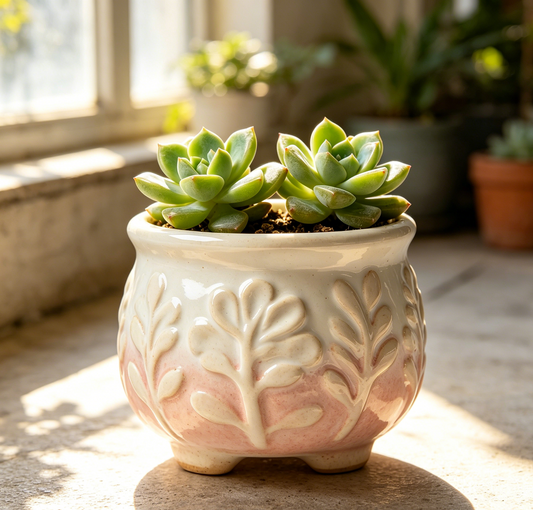 🌸 Blush Gradient Leaf Embossed Ceramic Succulent Pot