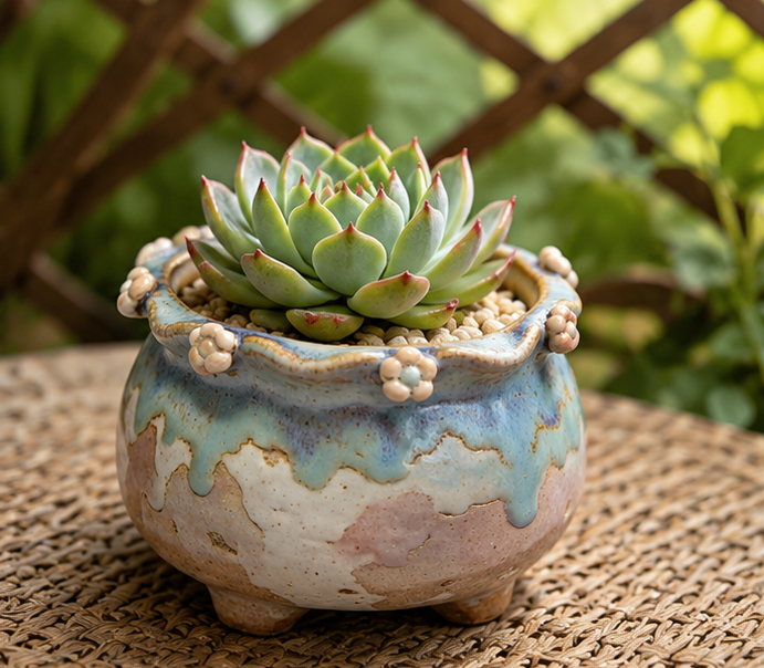 🌸 Rustic Drip Glaze Flower-Embellished Ceramic Succulent Pot