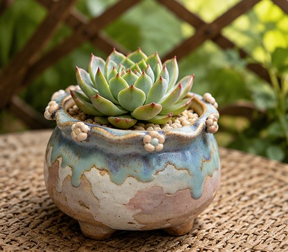 🌸 Rustic Drip Glaze Flower-Embellished Ceramic Succulent Pot