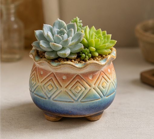 🌅 Sunset Gradient Geometric Ceramic Succulent Pot