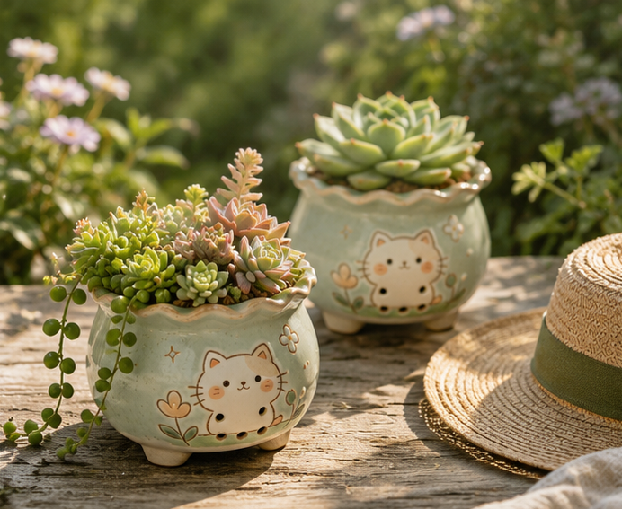🐱 Kawaii Cat Ceramic Succulent Pot