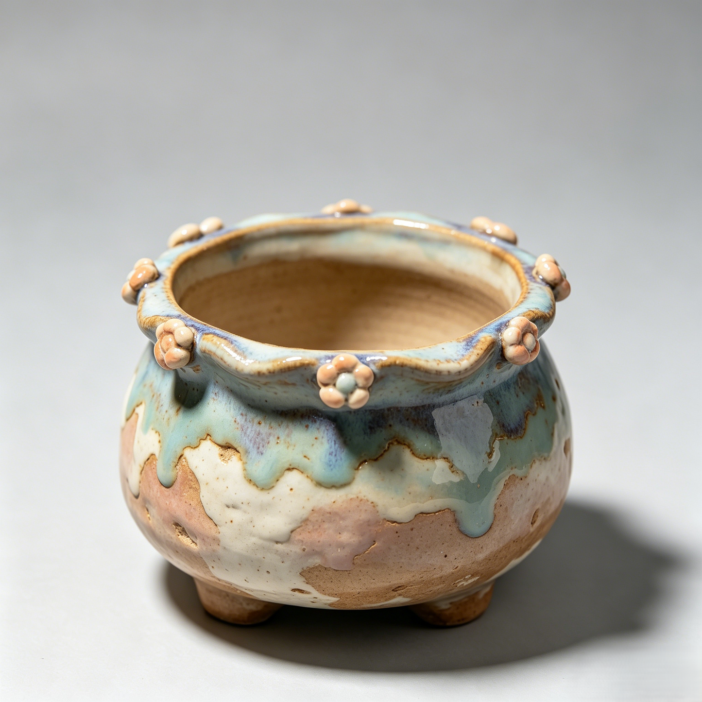🌸 Rustic Drip Glaze Flower-Embellished Ceramic Succulent Pot