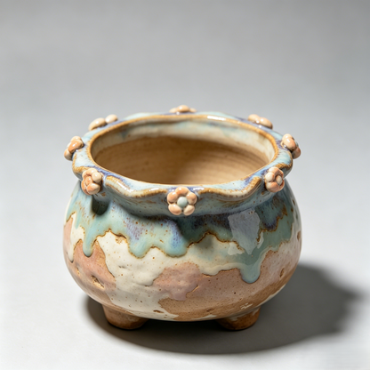🌸 Rustic Drip Glaze Flower-Embellished Ceramic Succulent Pot