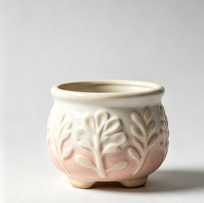 🌸 Blush Gradient Leaf Embossed Ceramic Succulent Pot