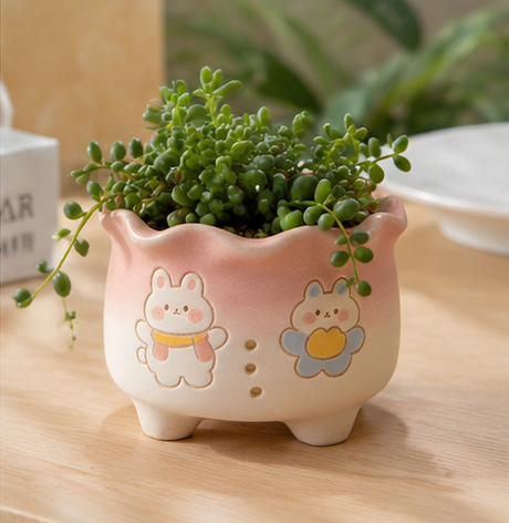 🐰 Cute Bunny Gradient Ceramic Succulent Pot