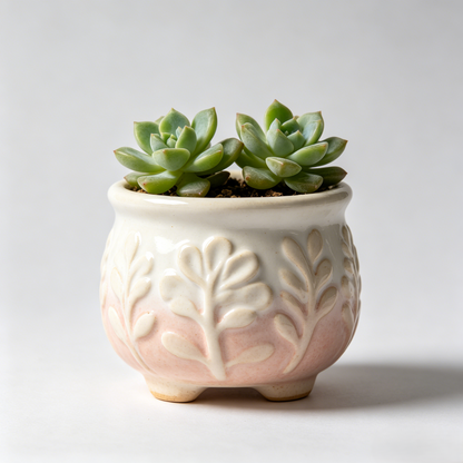 🌸 Blush Gradient Leaf Embossed Ceramic Succulent Pot