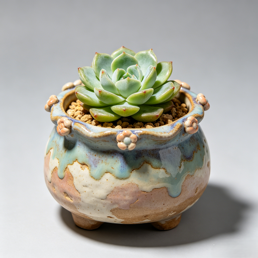 🌸 Rustic Drip Glaze Flower-Embellished Ceramic Succulent Pot